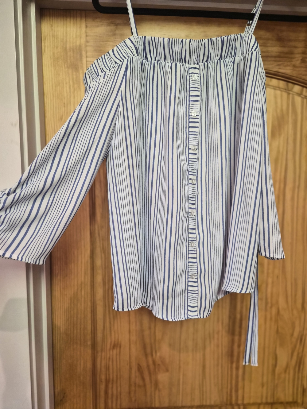 A. Byer Blue and White Striped Off-Shoulder Button-Front Top